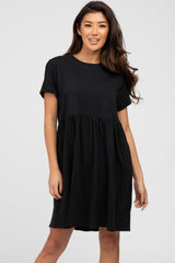 Black Cuffed Short Sleeve Babydoll Dress