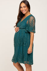 Forest Green Lace Mesh Overlay Maternity Dress