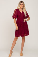 Burgundy Lace Mesh Overlay Maternity Dress