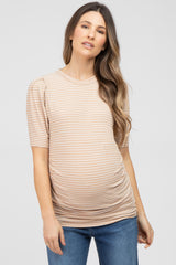 Taupe Striped Puff Sleeve Maternity Fitted Top