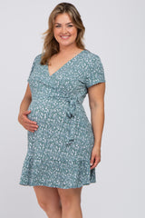 Teal Floral Wrap Front Tie Ruffle Hem Maternity Plus Dress