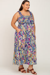 Purple Printed Smocked Plus Maxi Dress