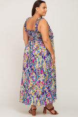 Purple Printed Smocked Plus Maxi Dress