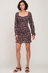 Black Floral Sweetheart Neck Smocked Long Sleeve Dress