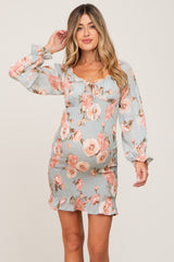 Mint Green Floral Sweetheart Neck Smocked Long Sleeve Maternity Dress