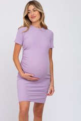 Violet Ribbed Ruched Side Fitted Short Sleeve Maternity Dress