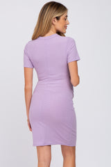 Violet Ribbed Ruched Side Fitted Short Sleeve Maternity Dress