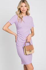 Violet Ribbed Ruched Side Fitted Short Sleeve Maternity Dress