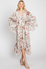 Cream Floral Chiffon Long Sleeve Midi Dress