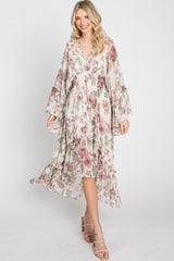 Cream Floral Chiffon Long Sleeve Midi Dress