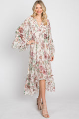 Cream Floral Chiffon Long Sleeve Midi Dress