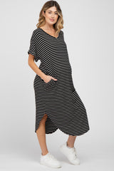 Black Striped Ribbed Curved Hem Maternity Midi Dress