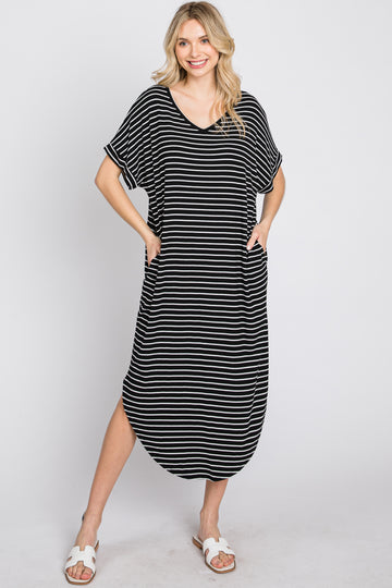 Black Striped Ribbed Curved Hem Midi Dress