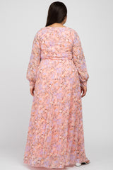 Pink Floral Chiffon Long Sleeve Pleated Plus Maxi Dress