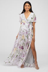 Lavender Floral Chiffon Short Sleeve Maternity Maxi Dress