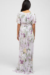 Lavender Floral Chiffon Short Sleeve Maternity Maxi Dress