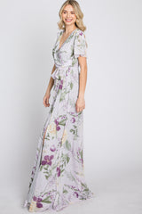 Lavender Floral Chiffon Short Sleeve Maxi Dress