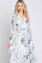 White Floral Chiffon Long Sleeve Pleated Maxi Dress