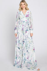 White Floral Chiffon Long Sleeve Pleated Maxi Dress