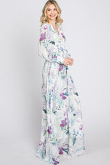 White Floral Chiffon Long Sleeve Pleated Maxi Dress