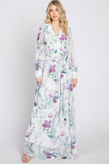 White Floral Chiffon Long Sleeve Pleated Maxi Dress