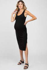 Black Ribbed Ruched Maternity Fitted Midi Dress