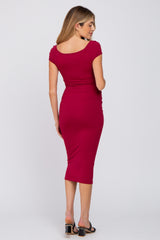 Burgundy Ribbed Sweetheart Neckline Maternity Fitted Dress