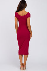 Burgundy Ribbed Sweetheart Neckline Fitted Dress