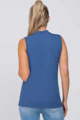 Blue Ribbed Sleeveless Mock Neck Maternity Top