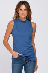 Blue Ribbed Sleeveless Mock Neck Maternity Top