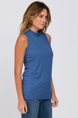 Blue Ribbed Sleeveless Mock Neck Top