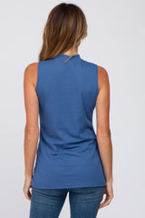 Blue Ribbed Sleeveless Mock Neck Top