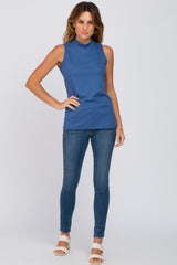 Blue Ribbed Sleeveless Mock Neck Top