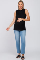 Black Ribbed Sleeveless Mock Neck Maternity Top