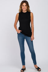 Black Ribbed Sleeveless Mock Neck Top