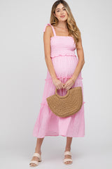 Pink Striped Smocked Shoulder Tie Maternity Midi Dress