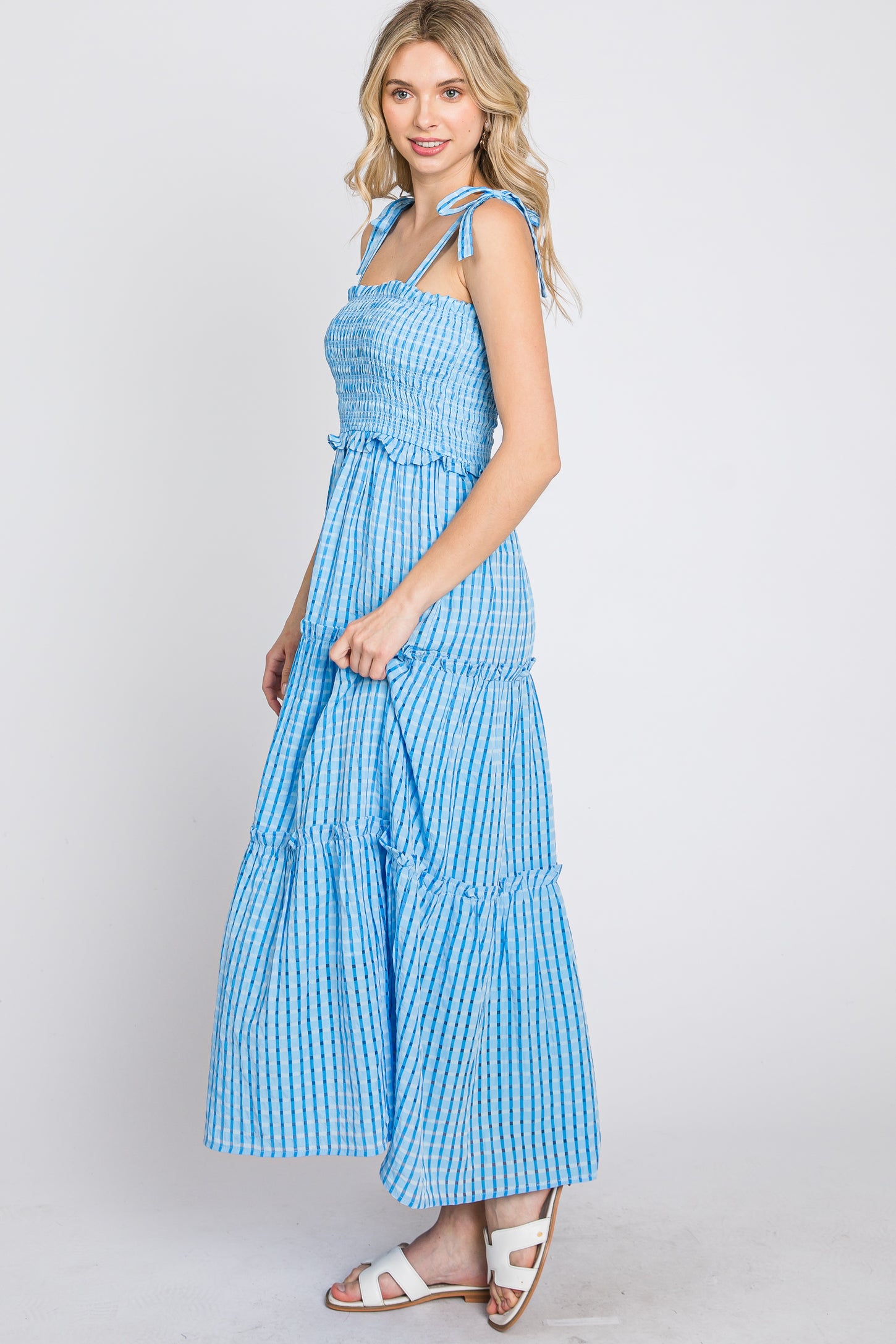 Blue Striped Smocked Shoulder Tie Midi Dress