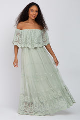 Light Green Lace Overlay Off Shoulder Maternity Maxi Dress