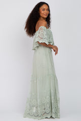 Light Green Lace Overlay Off Shoulder Maxi Dress