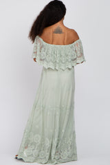 Light Green Lace Overlay Off Shoulder Maxi Dress