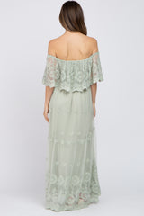 Light Green Lace Overlay Off Shoulder Maternity Maxi Dress