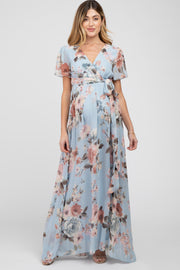 Light Blue Floral Chiffon Wrap Front Short Sleeve Maternity Maxi Dress