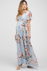 Light Blue Floral Chiffon Wrap Front Short Sleeve Maternity Maxi Dress