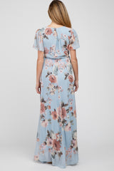 Light Blue Floral Chiffon Wrap Front Short Sleeve Maternity Maxi Dress