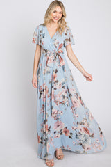 Light Blue Floral Chiffon Wrap Front Short Sleeve Maternity Maxi Dress