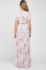 Light Pink Floral Chiffon Wrap Front Short Sleeve Maternity Maxi Dress