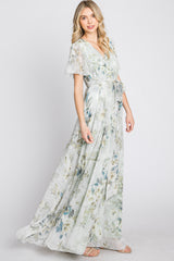 Light Olive Floral Chiffon Wrap Front Short Sleeve Maxi Dress