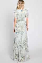 Light Olive Floral Chiffon Wrap Front Short Sleeve Maxi Dress