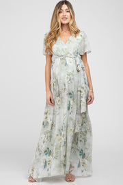 Light Olive Floral Chiffon Wrap Front Short Sleeve Maternity Maxi Dress