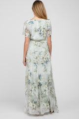 Light Olive Floral Chiffon Wrap Front Short Sleeve Maternity Maxi Dress